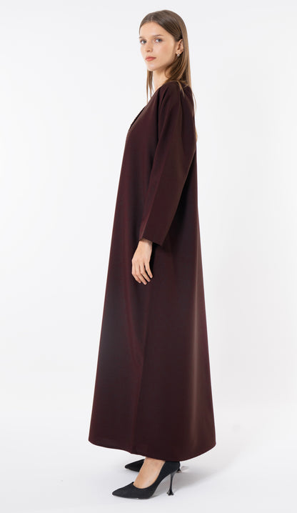 Dark Brown Layered Abaya With Overlap Curve Design And Beadwork