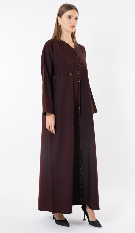 Dark Brown Overlap Curve Abaya With Front Layering And Beadwork