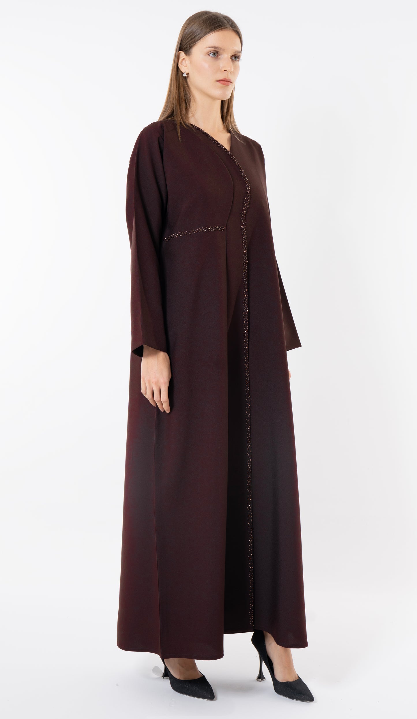 Dark Brown Layered Abaya With Overlap Curve Design And Beadwork