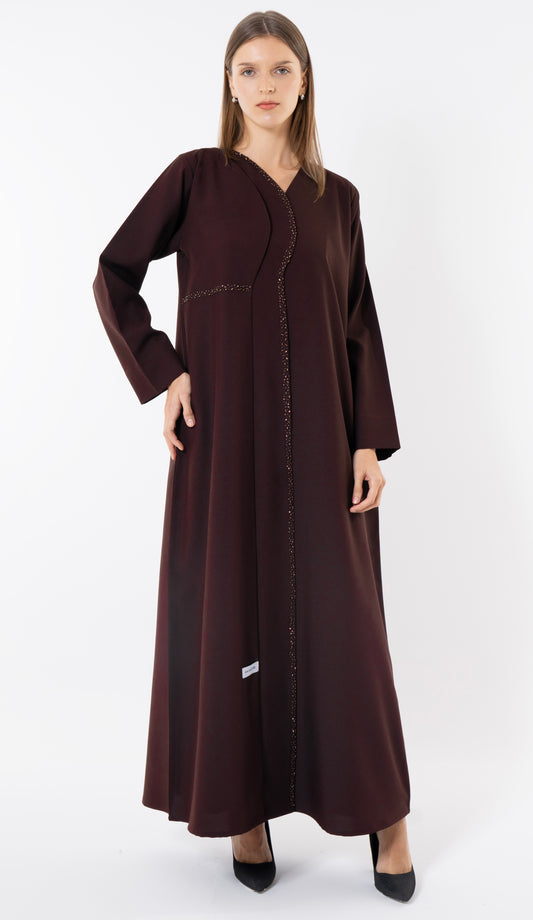 Dark Brown Overlap Curve Abaya With Front Layering And Beadwork