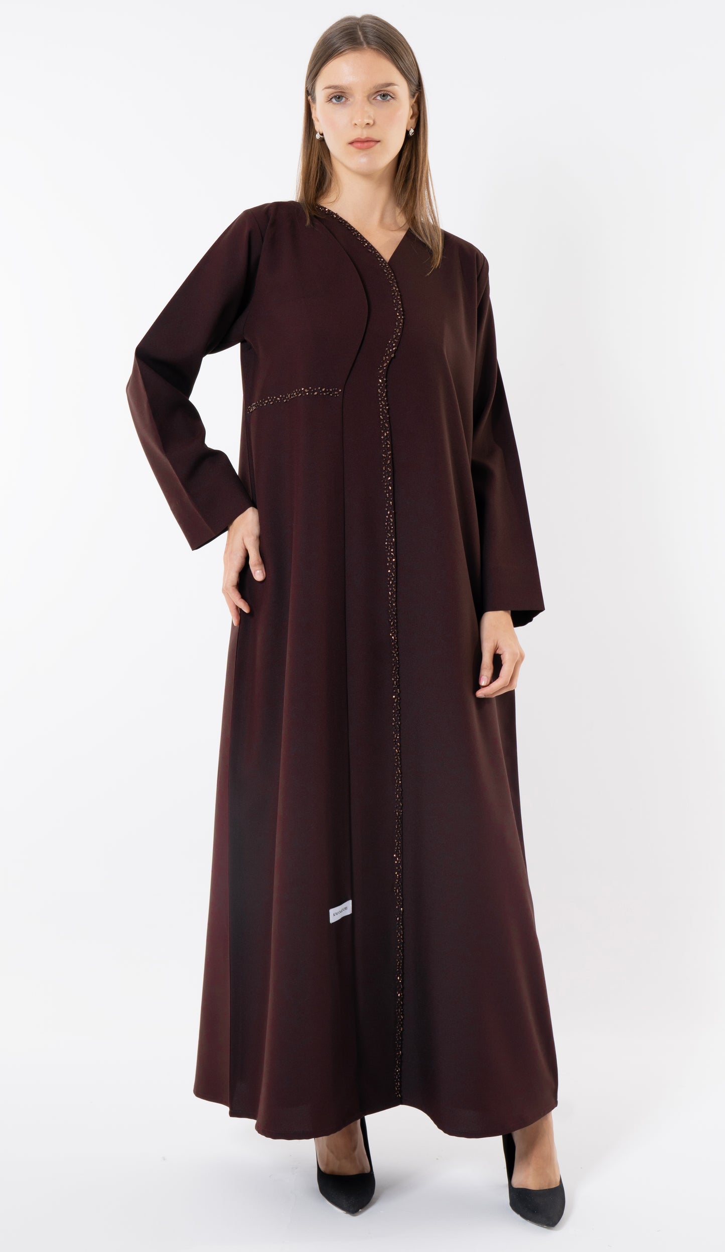 Dark Brown Layered Abaya With Overlap Curve Design And Beadwork