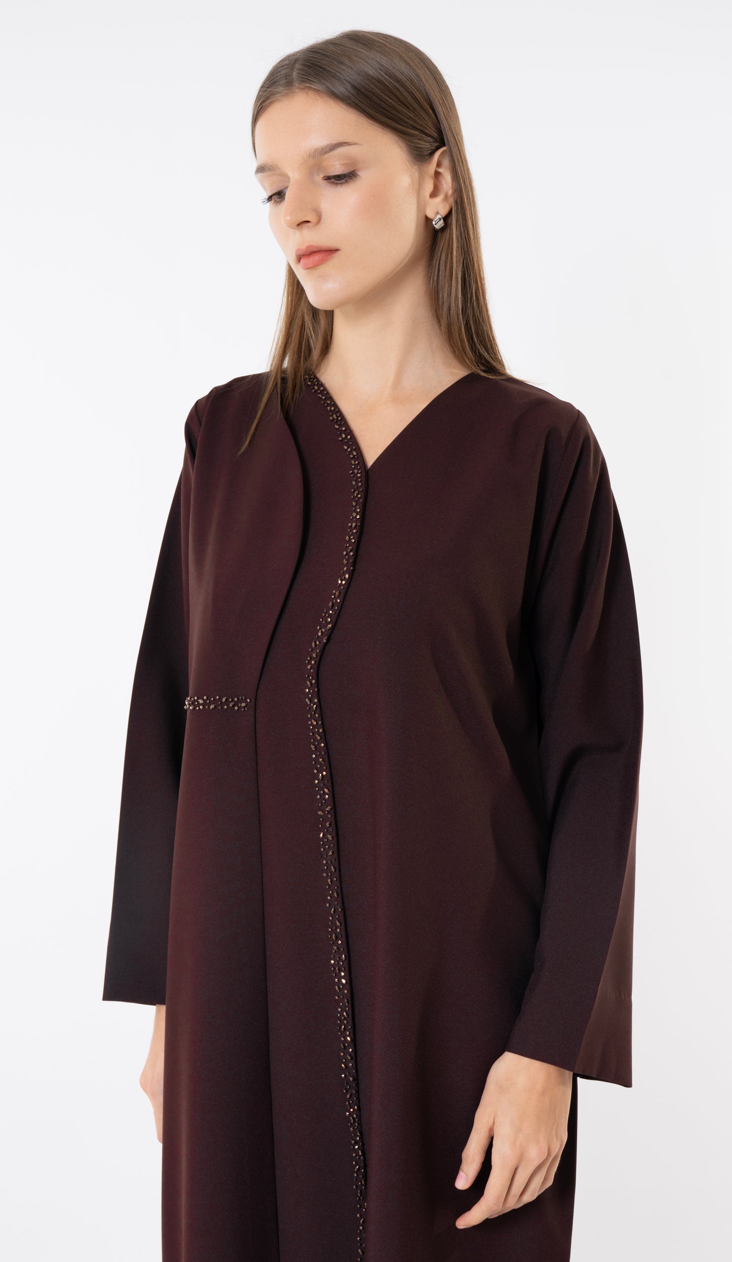 Dark Brown Overlap Curve Abaya With Front Layering And Beadwork