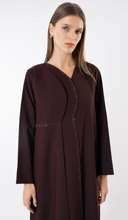 Dark Brown Layered Abaya With Overlap Curve Design And Beadwork