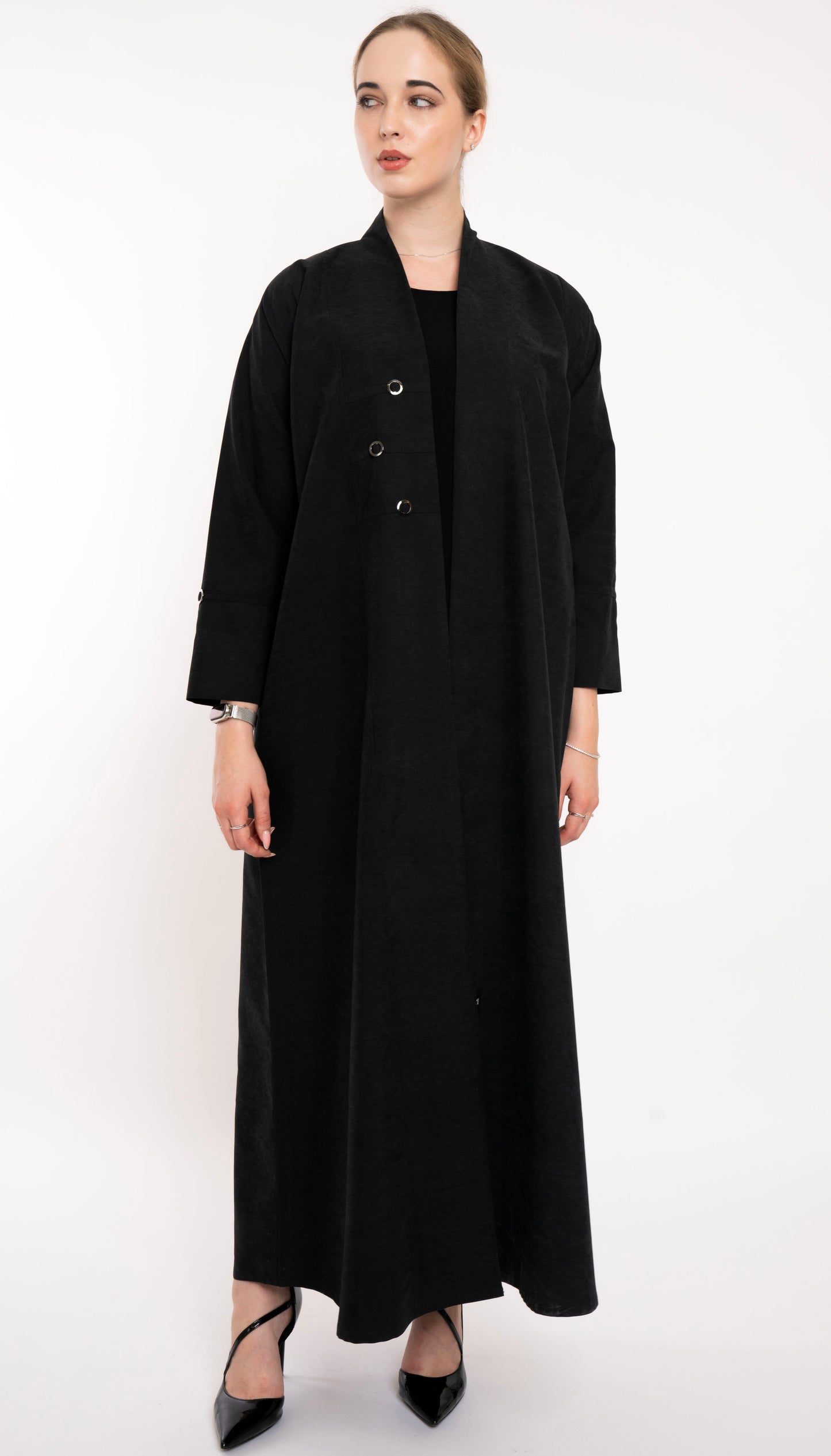 High Neck Pattern Abaya With Stylish Button Detailing On Front