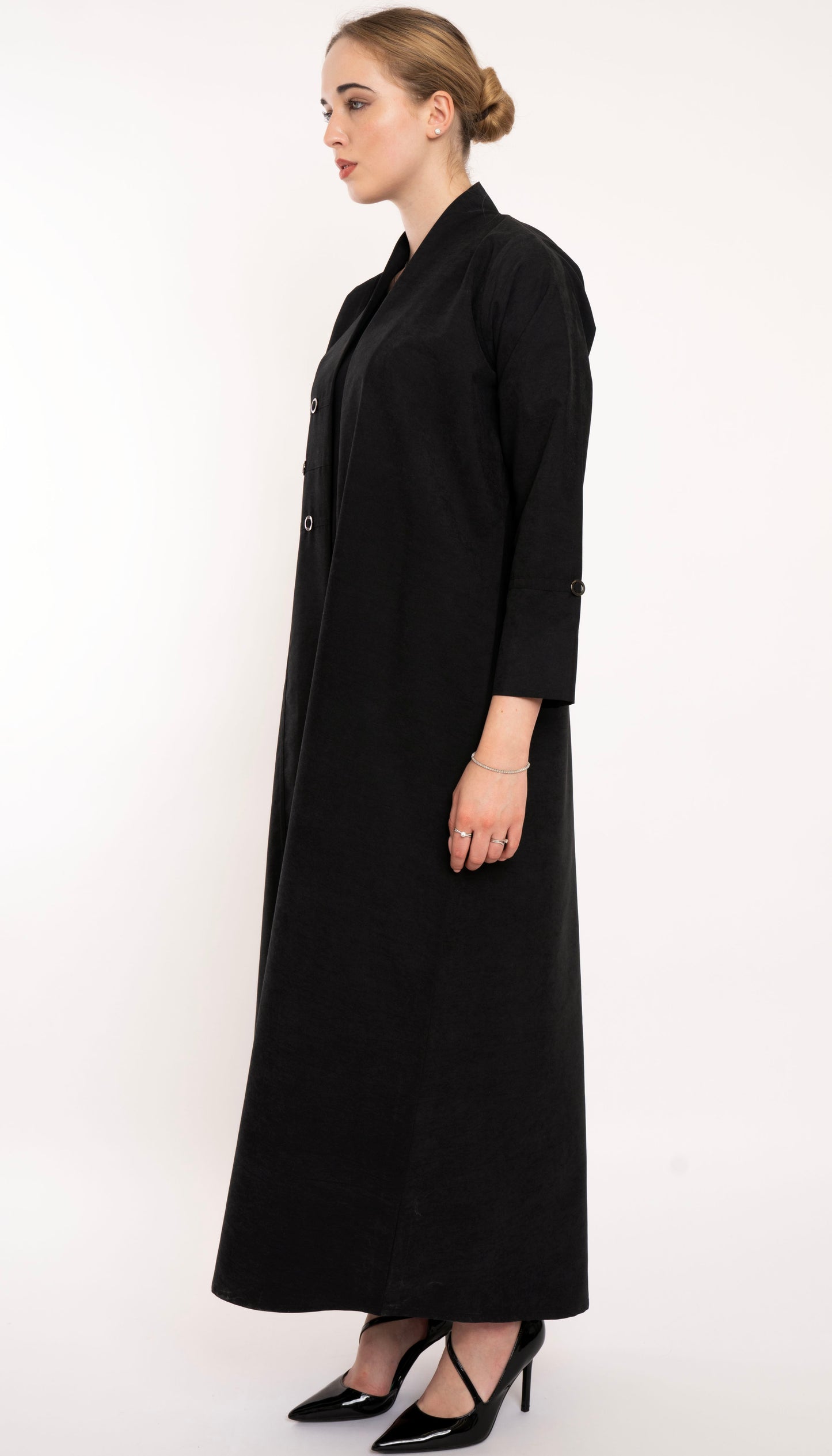 High Neck Pattern Abaya With Stylish Button Detailing On Front