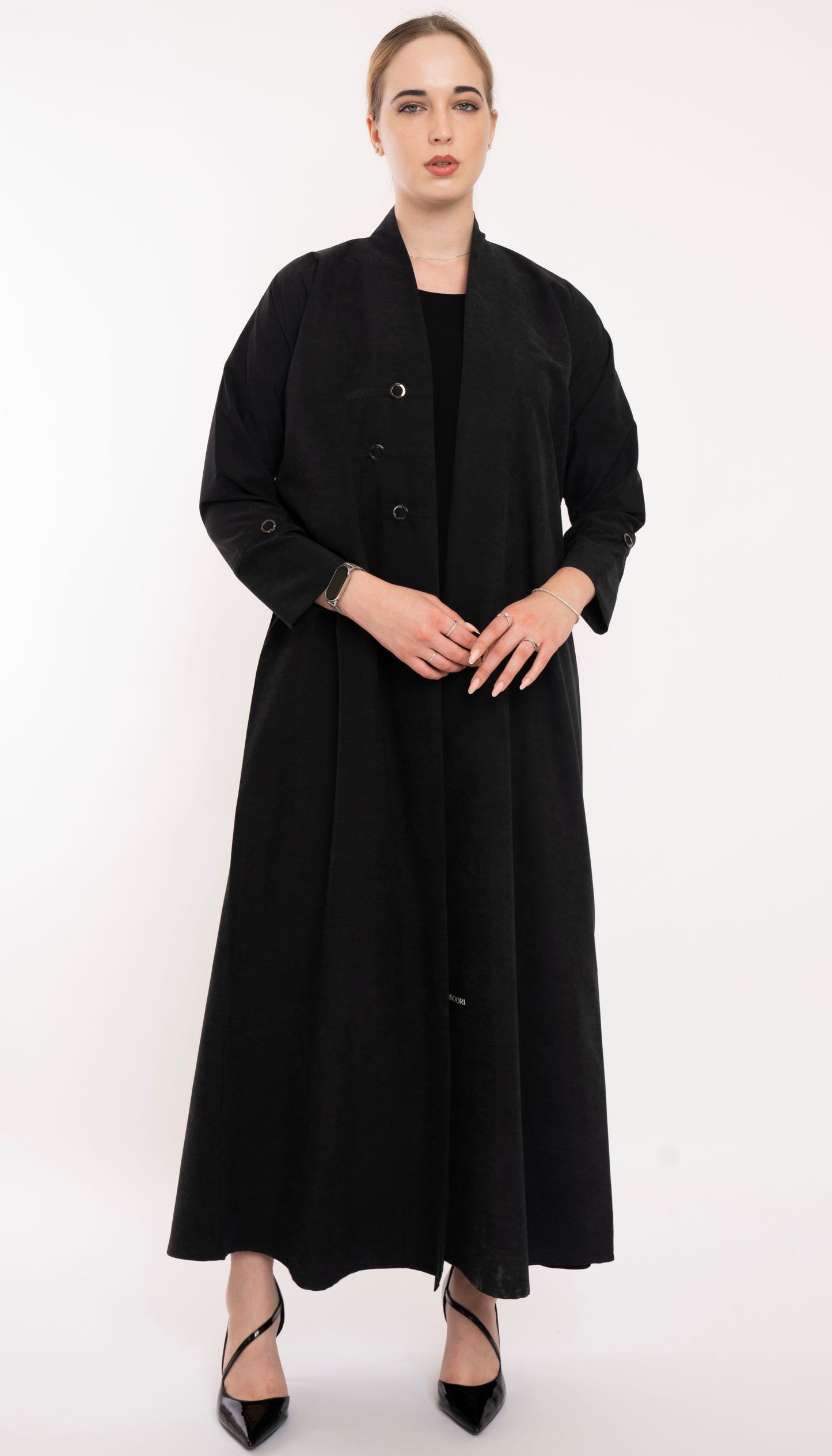 High Neck Pattern Abaya With Stylish Button Detailing On Front