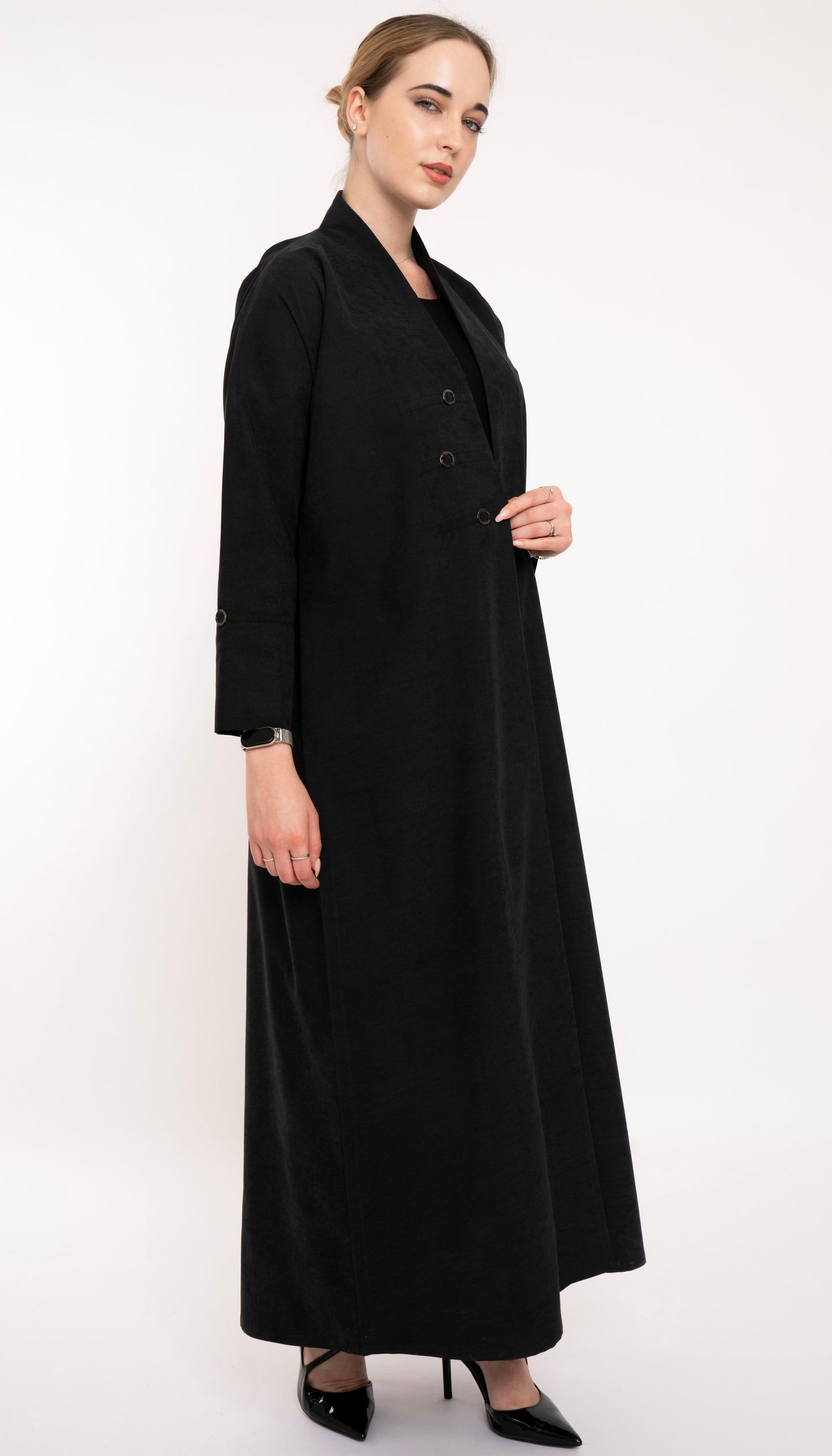 High Neck Pattern Abaya With Stylish Button Detailing On Front