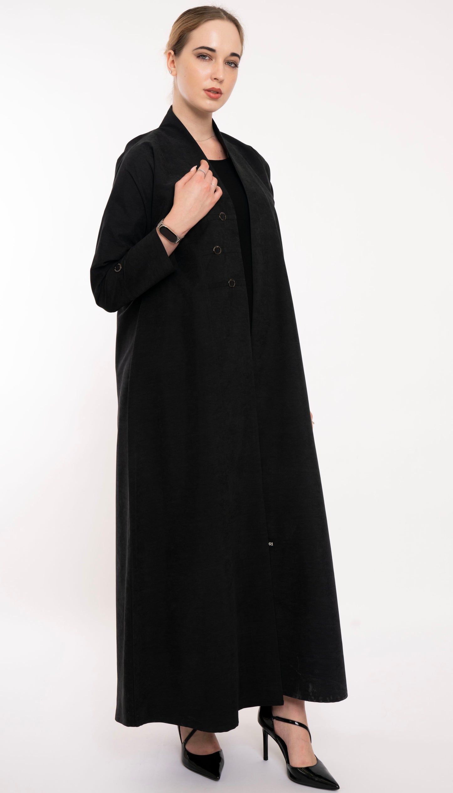 High Neck Pattern Abaya With Stylish Button Detailing On Front