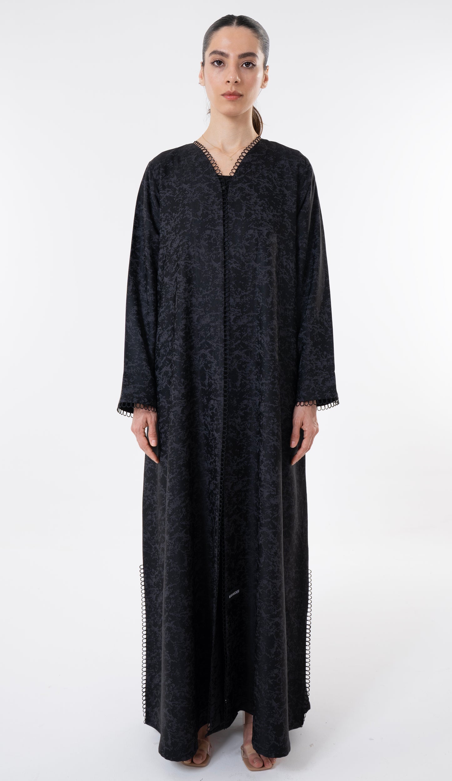 Grey Print Abaya With Lace Detailing