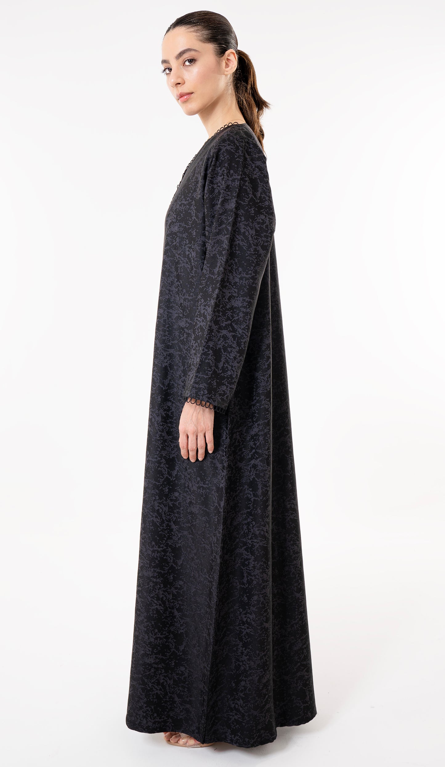 Grey Print Abaya With Lace Detailing