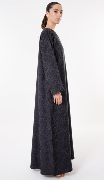 Grey Print Abaya With Lace Detailing