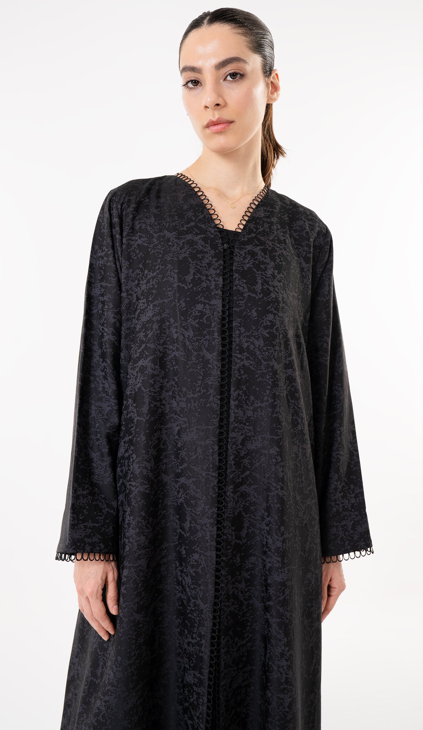 Grey Print Abaya With Lace Detailing