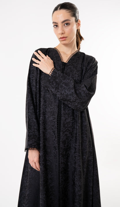 Grey Print Abaya With Lace Detailing