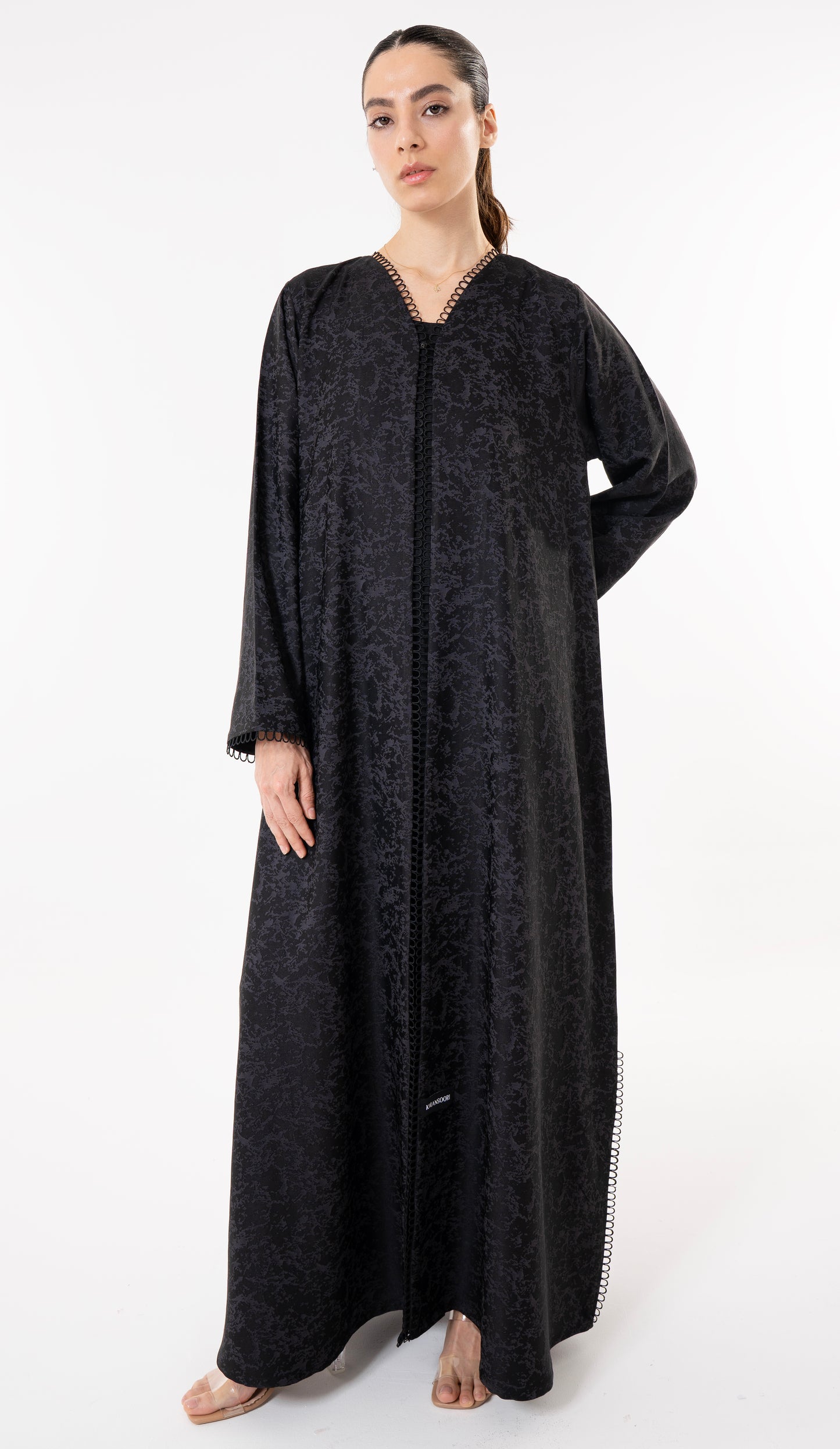 Grey Print Abaya With Lace Detailing
