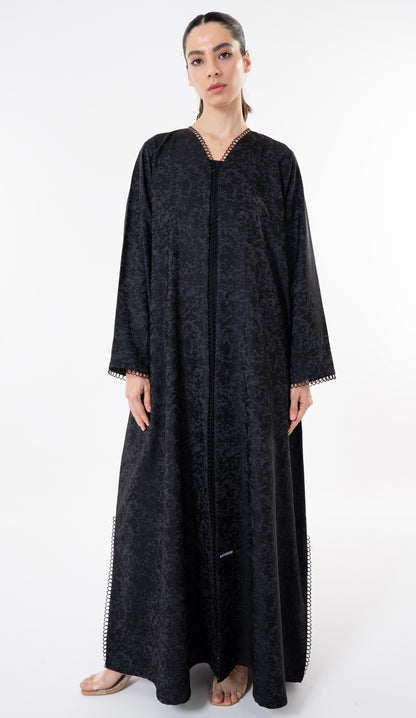 Grey Print Abaya With Lace Detailing