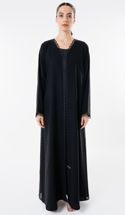 Black Abaya With Lace Detailing In Front And Side