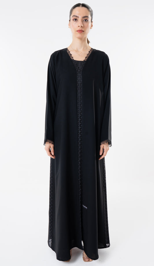 Black Abaya With Lace Detailing In Front And Side