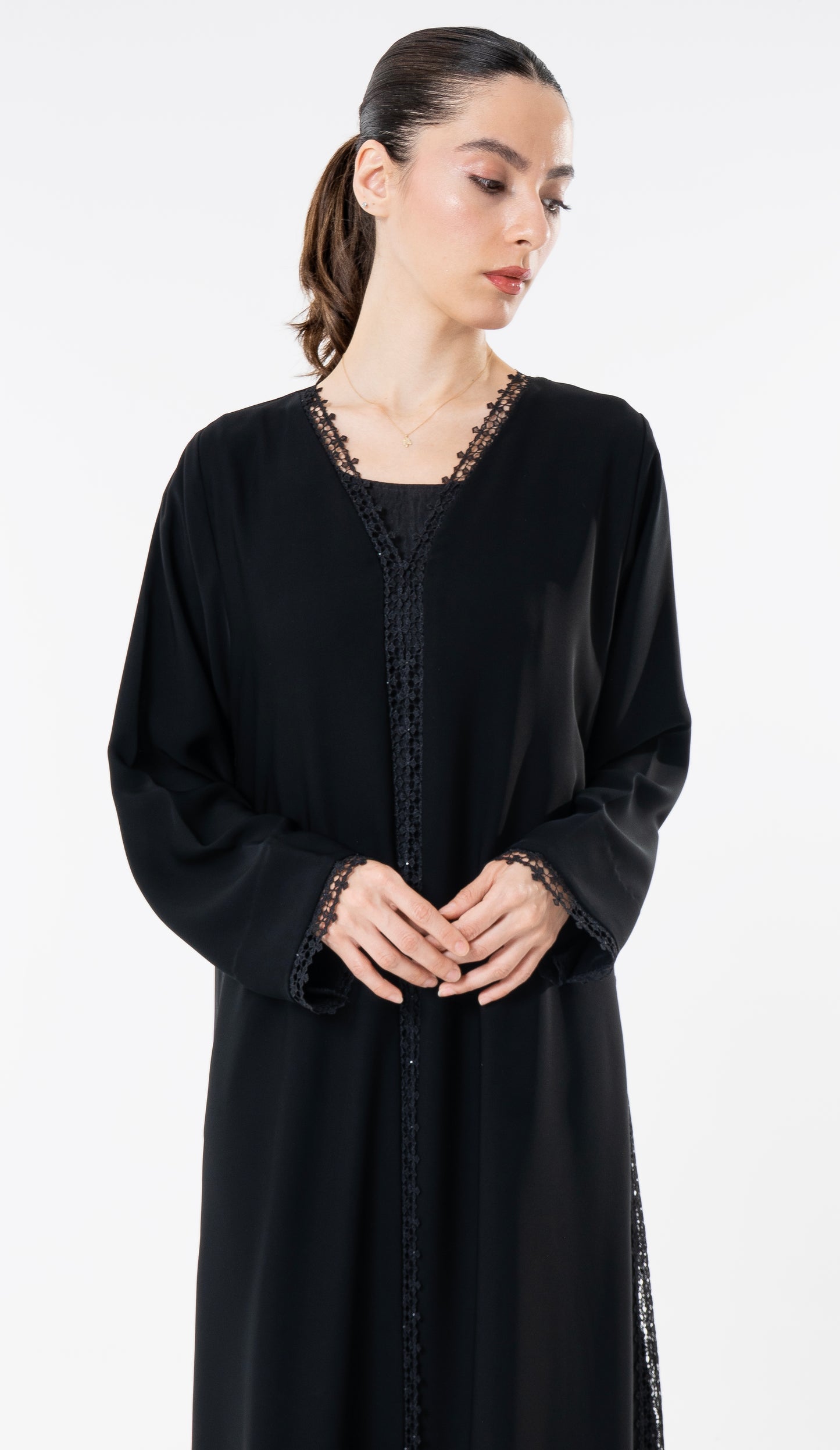 Black Abaya With Lace Detailing In Front And Side