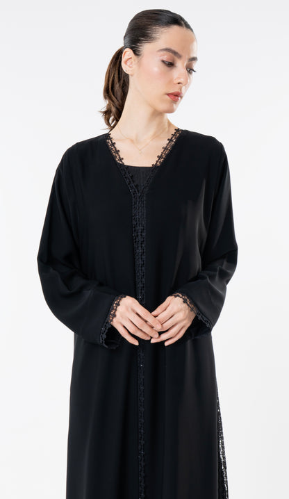 Black Abaya With Lace Detailing In Front And Side