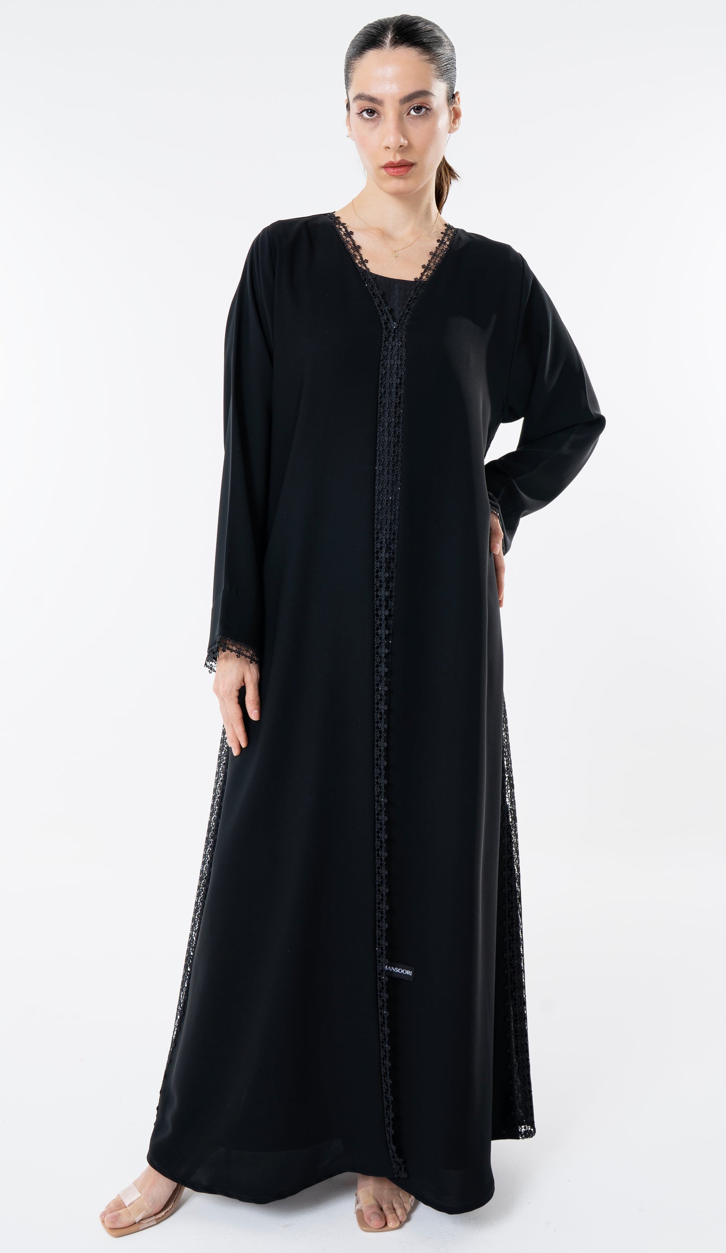 Black Abaya With Lace Detailing In Front And Side