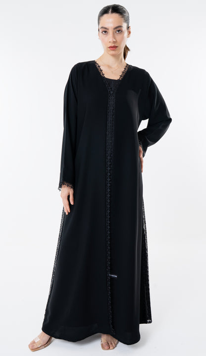 Black Abaya With Lace Detailing In Front And Side