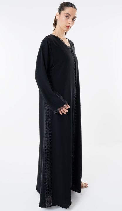 Black Abaya With Lace Detailing In Front And Side
