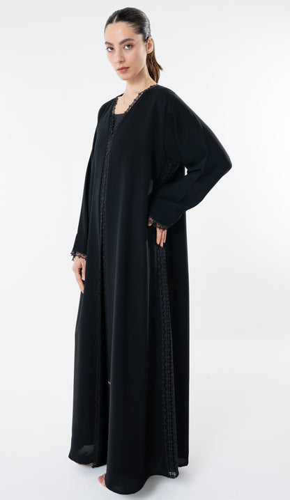 Black Abaya With Lace Detailing In Front And Side