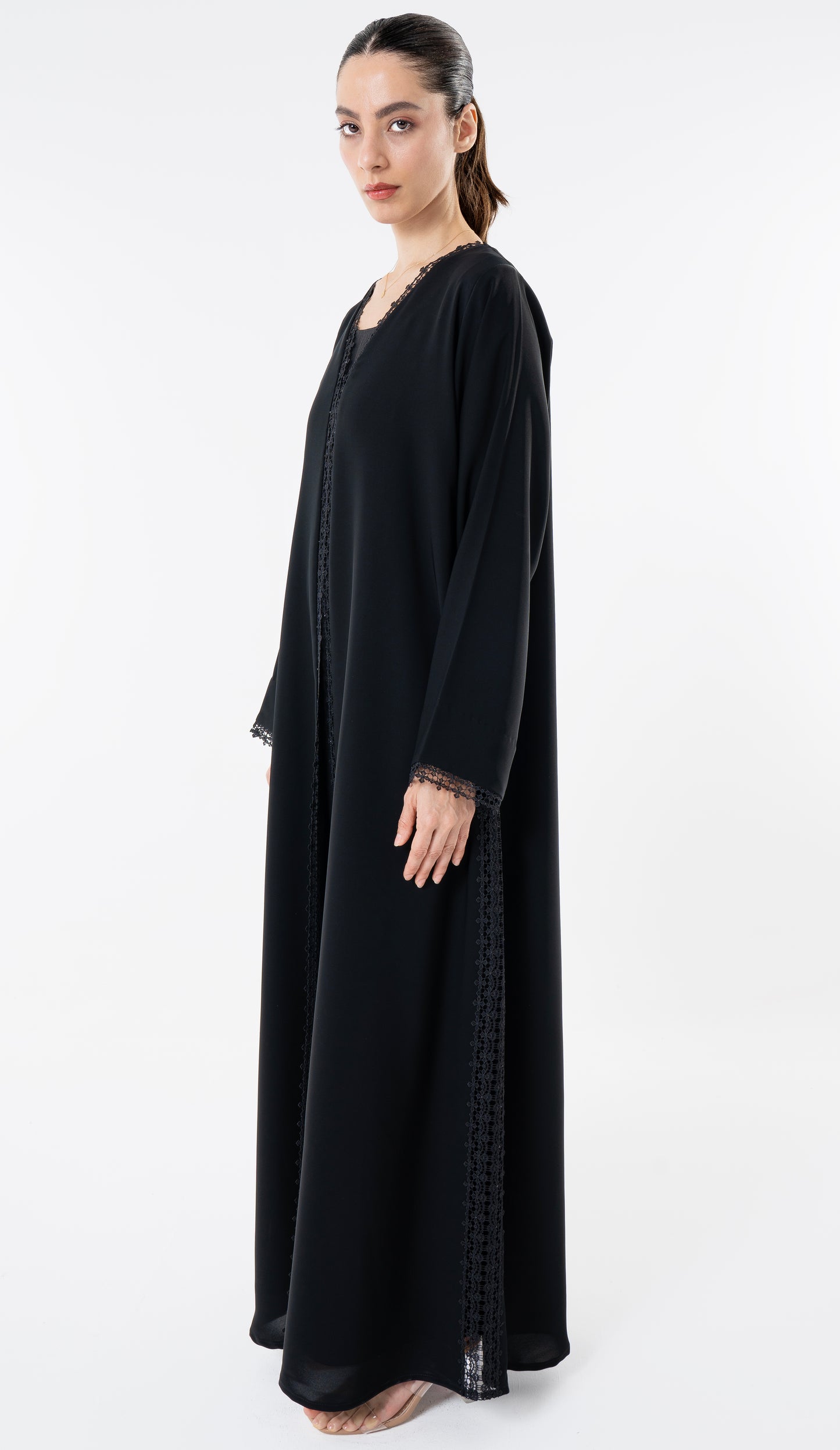 Black Abaya With Lace Detailing In Front And Side