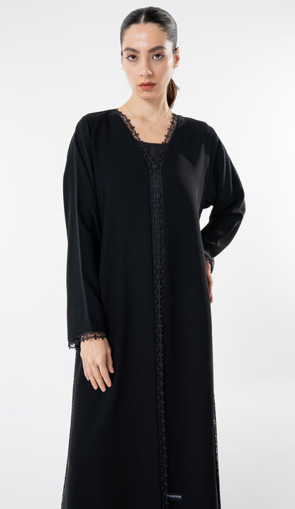 Black Abaya With Lace Detailing In Front And Side