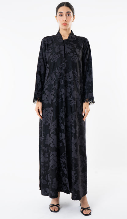 Grey High Neck Abaya With Lace Detailing On The Side And Sleeves