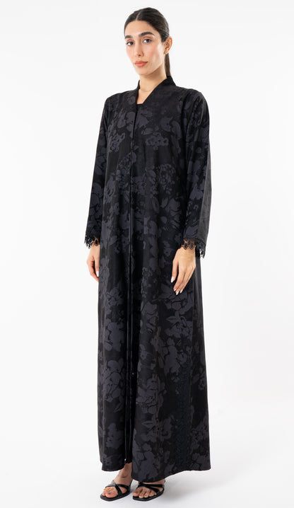 Grey High Neck Abaya With Lace Detailing On The Side And Sleeves