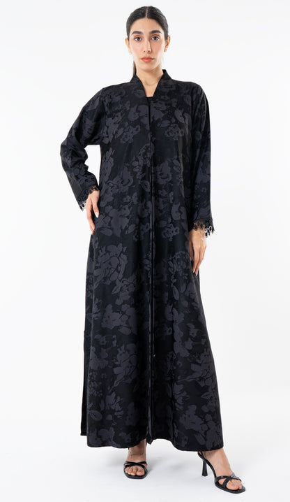 Grey High Neck Abaya With Lace Detailing On The Side And Sleeves