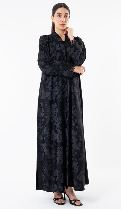 Grey High Neck Abaya With Lace Detailing On The Side And Sleeves