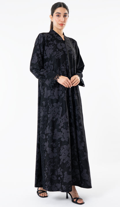 Grey High Neck Abaya With Lace Detailing On The Side And Sleeves