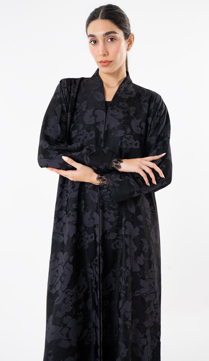 Grey High Neck Abaya With Lace Detailing On The Side And Sleeves