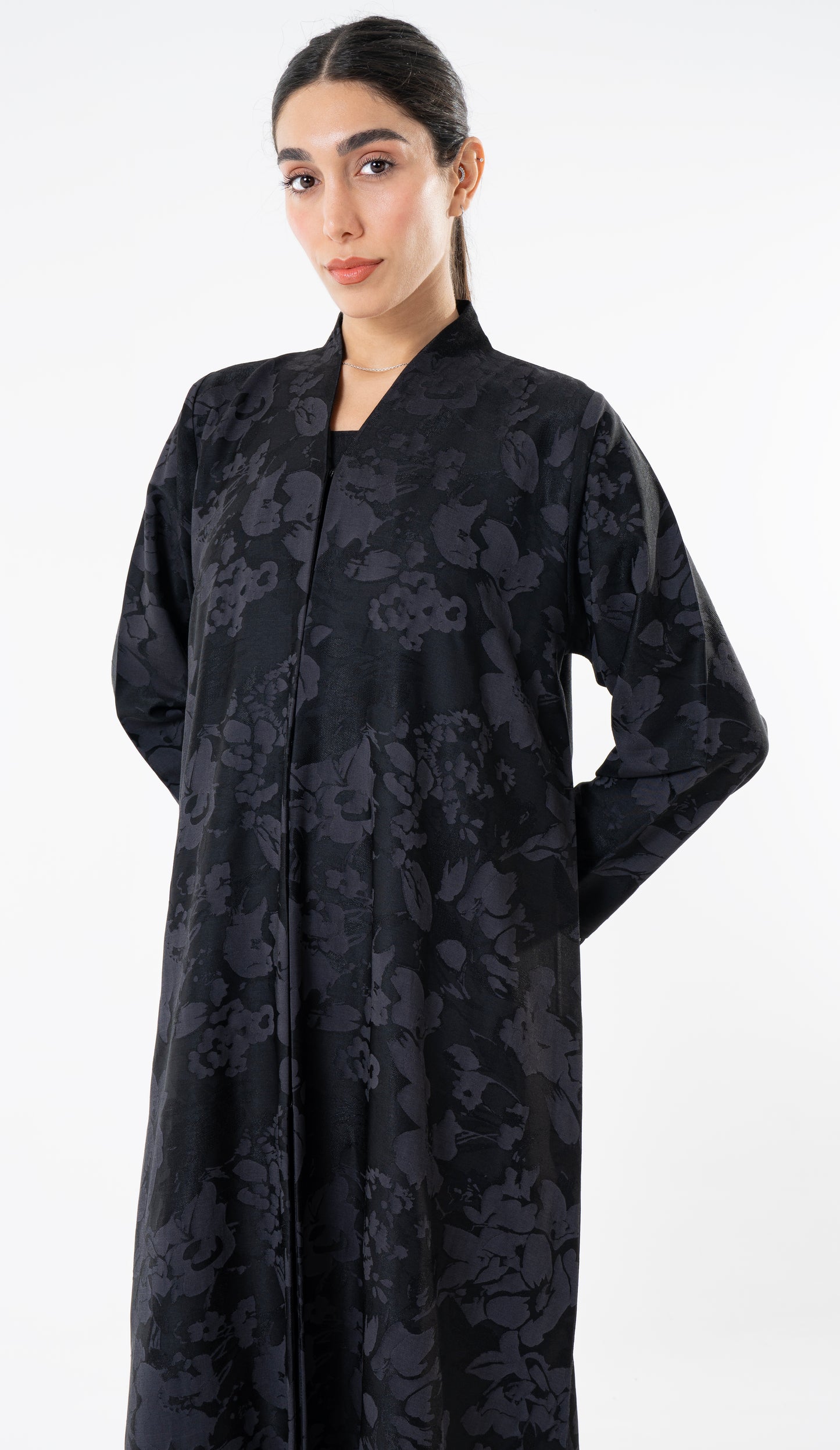 Grey High Neck Abaya With Lace Detailing On The Side And Sleeves