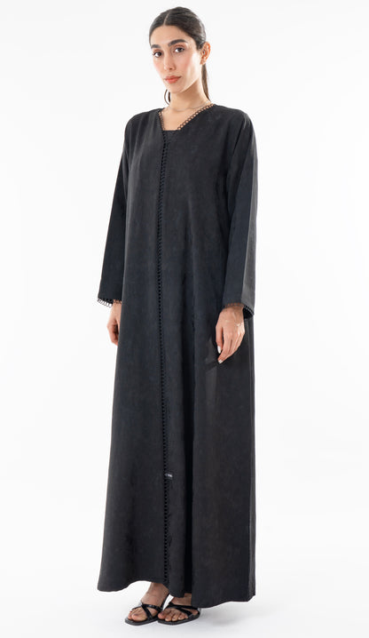 Black Print Abaya With Lace Detailing