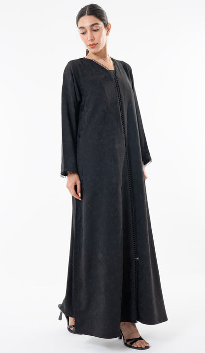 Black Print Abaya With Lace Detailing
