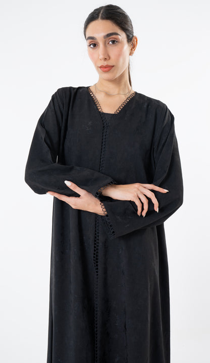 Black Print Abaya With Lace Detailing