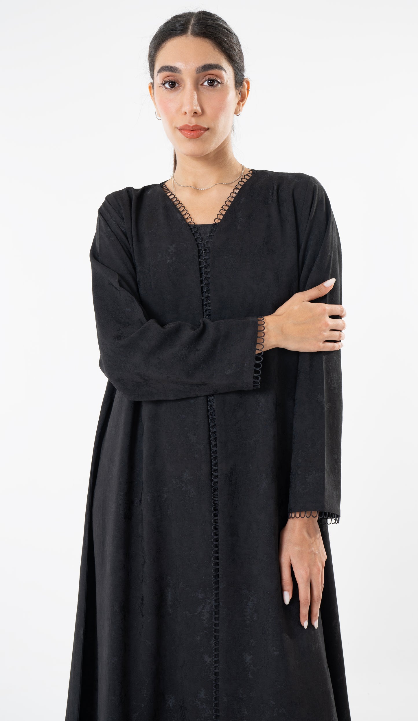 Black Print Abaya With Lace Detailing