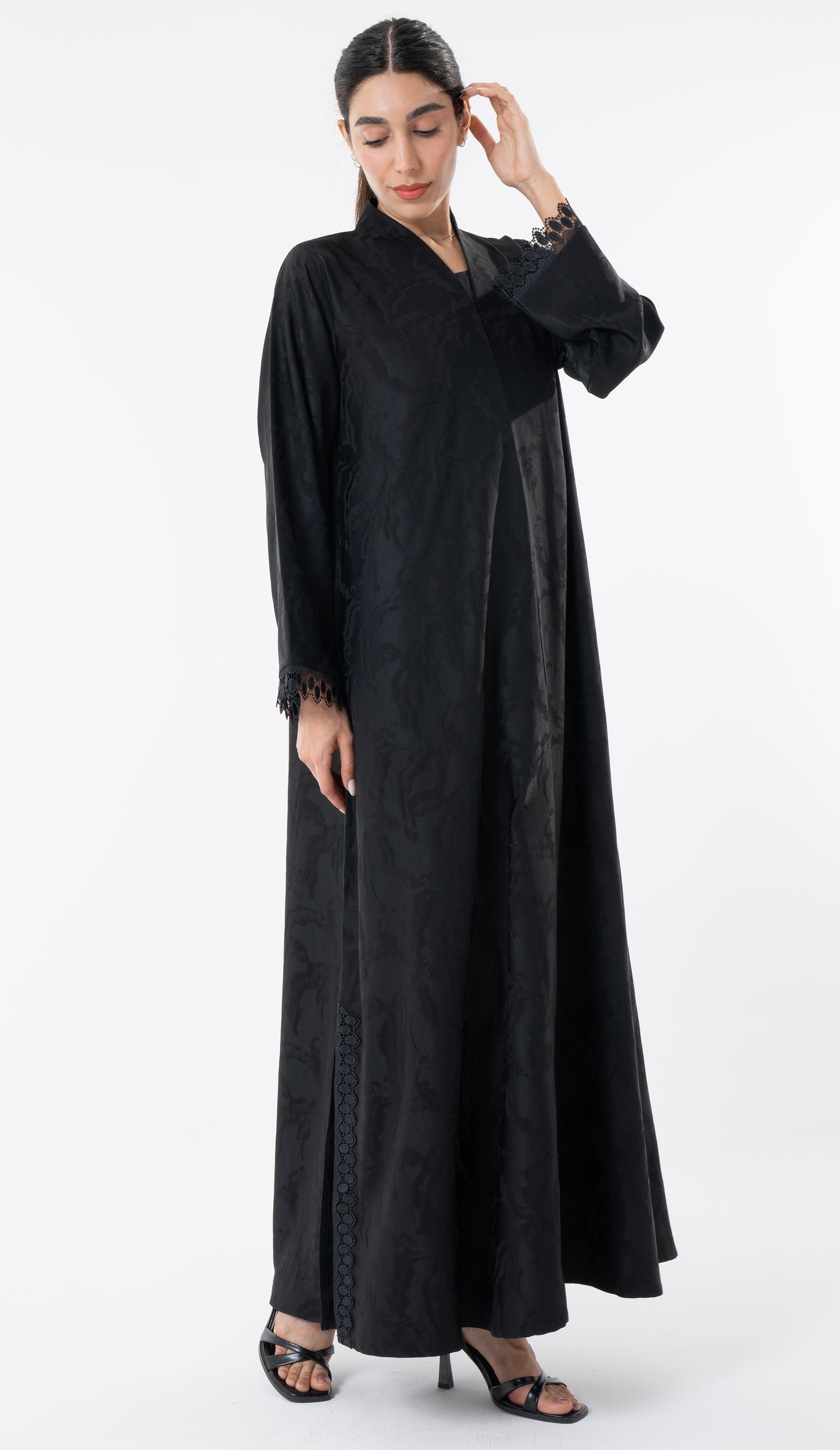 Black High Neck Abaya With Lace Detailing On The Side And Sleeves