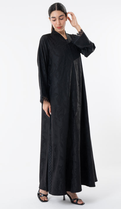 Black High Neck Abaya With Lace Detailing On The Side And Sleeves