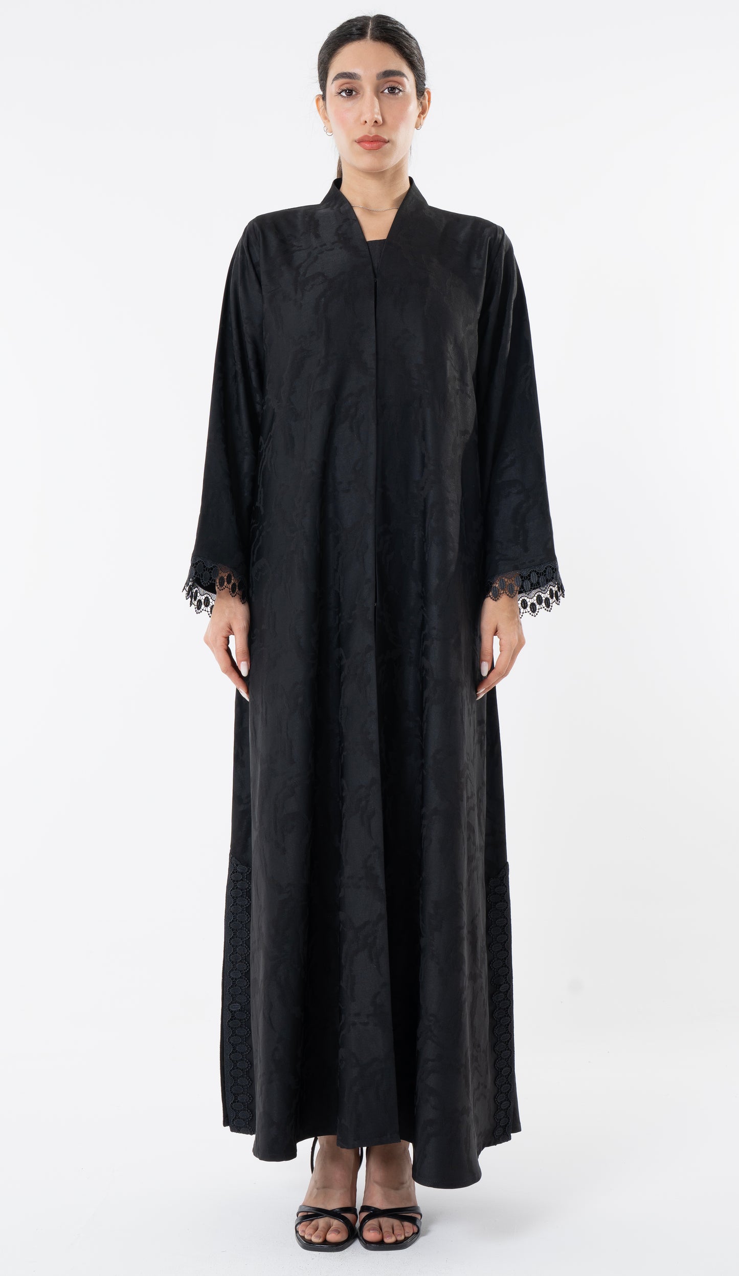 Black High Neck Abaya With Lace Detailing On The Side And Sleeves