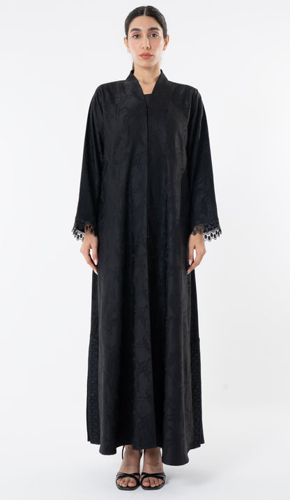 Black High Neck Abaya With Lace Detailing On The Side And Sleeves
