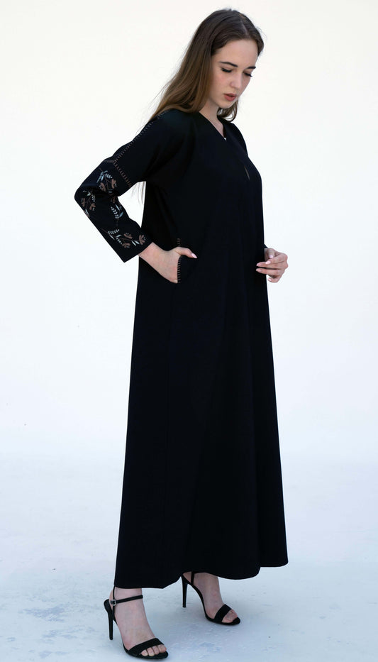 Elegant Floral Embroidered Sleeve Black Pattern With Side Pockets
