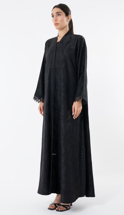 Black High Neck Abaya With Lace Detailing On The Side And Sleeves