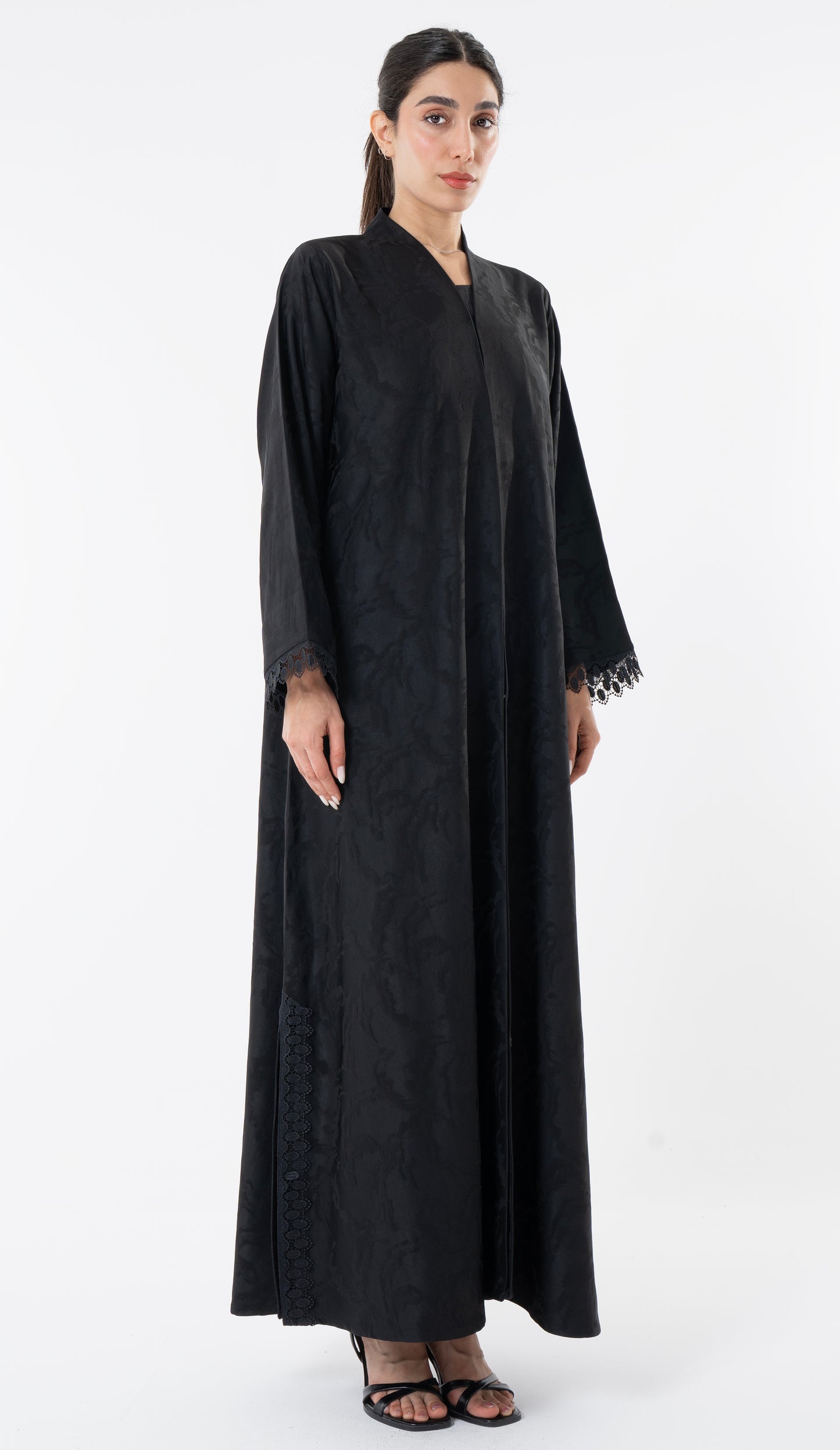 Black High Neck Abaya With Lace Detailing On The Side And Sleeves