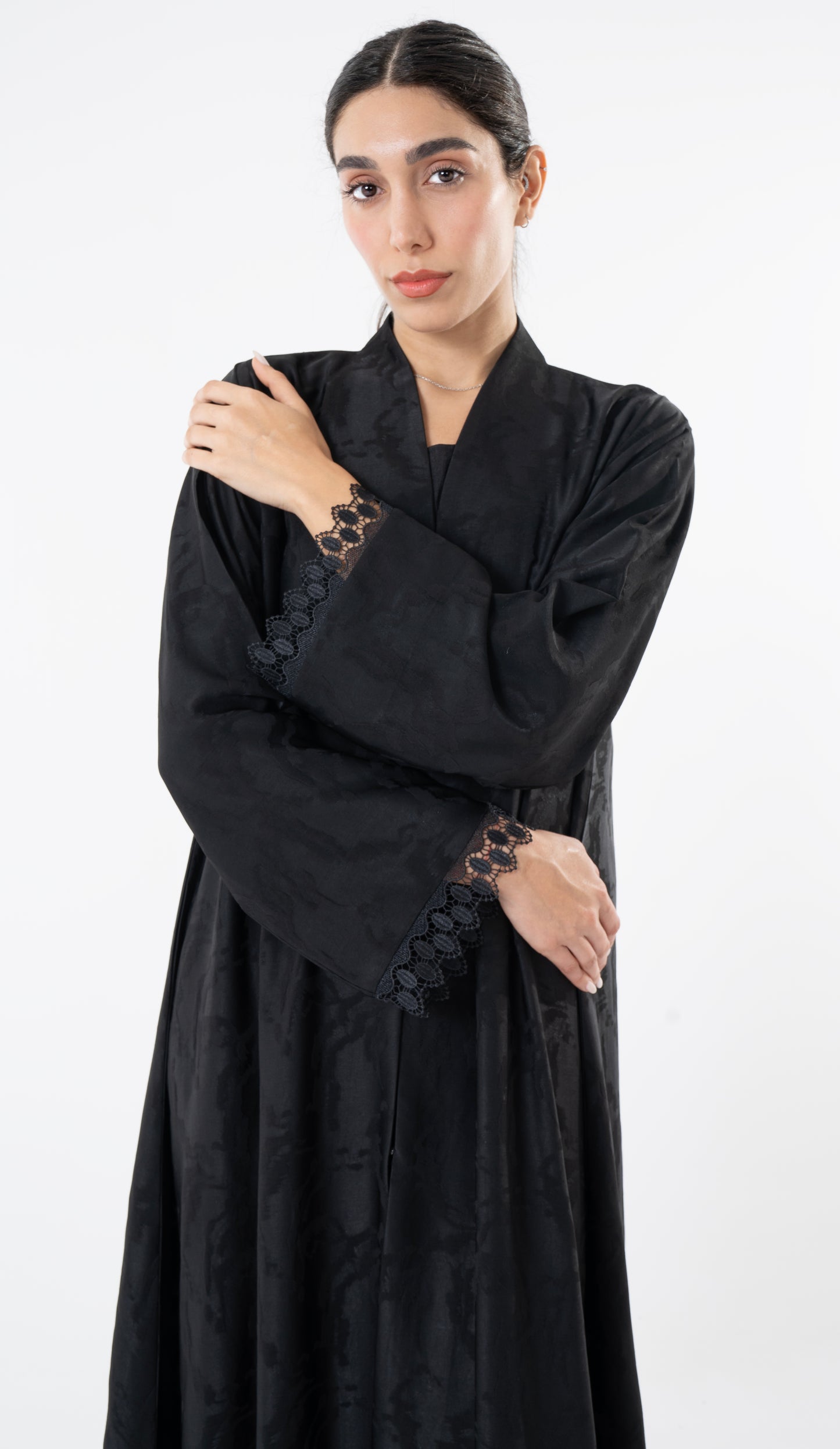 Black High Neck Abaya With Lace Detailing On The Side And Sleeves