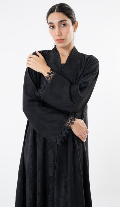 Black High Neck Abaya With Lace Detailing On The Side And Sleeves