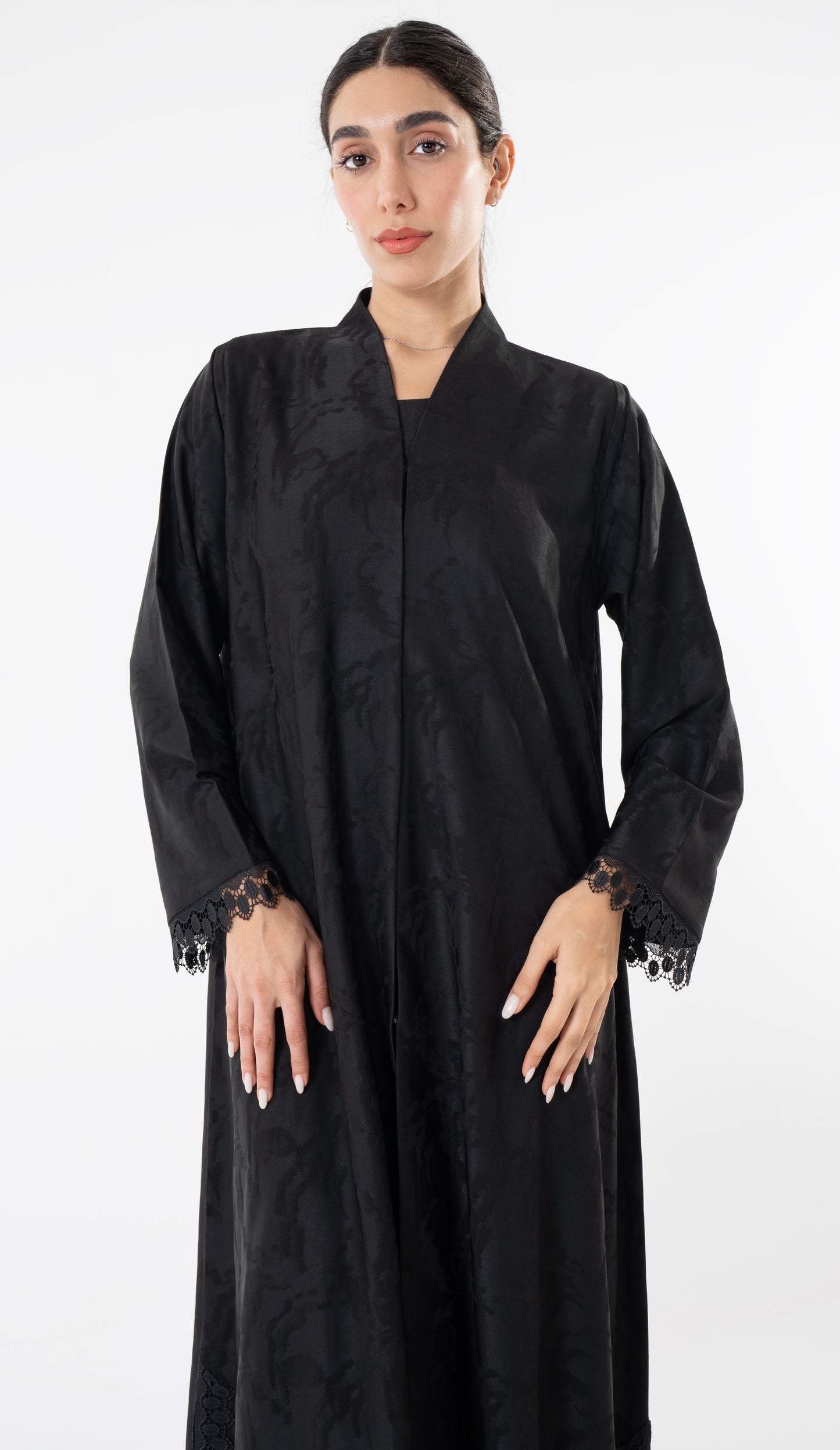 Black High Neck Abaya With Lace Detailing On The Side And Sleeves